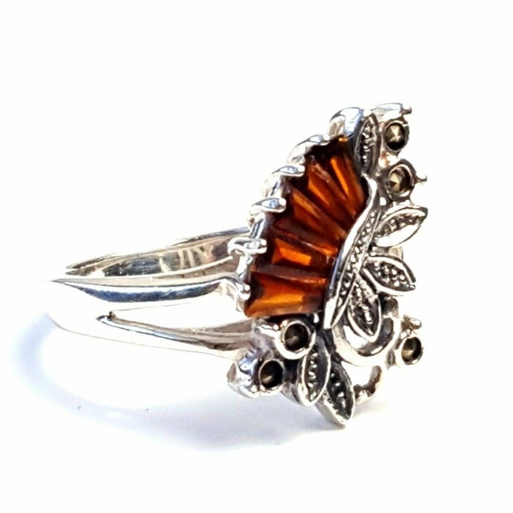 Beautiful GARNET BAGUETTE STONES RING Marcasite .925 STERLING SILVER Size 7
